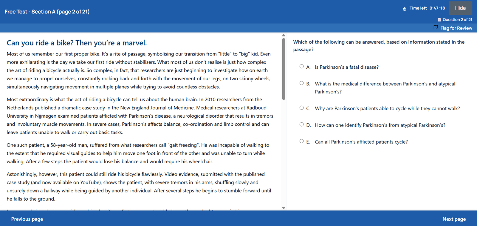 The PrepGenie exam simulator mid-attempt: an LNAT Section A passage on the left, a multiple-choice question with five options on the right, and a live countdown timer in the header.